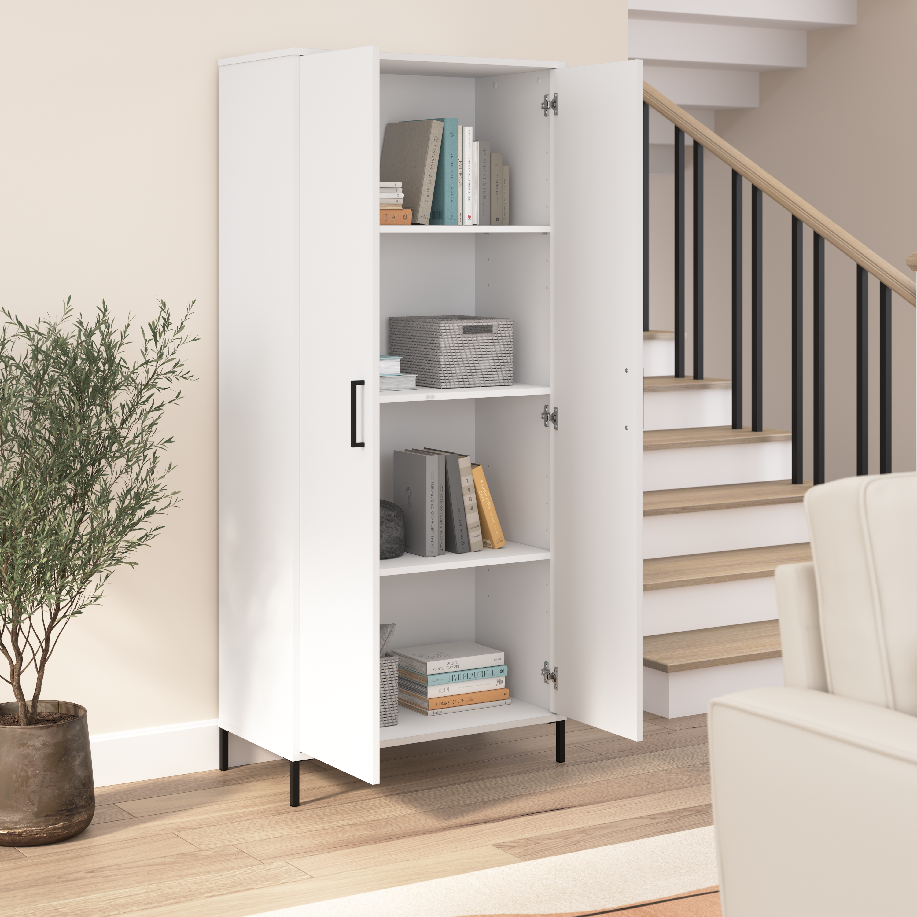 Shop Bush Furniture Essence Tall Storage Cabinet with Doors 03 ESS129WH #color_white