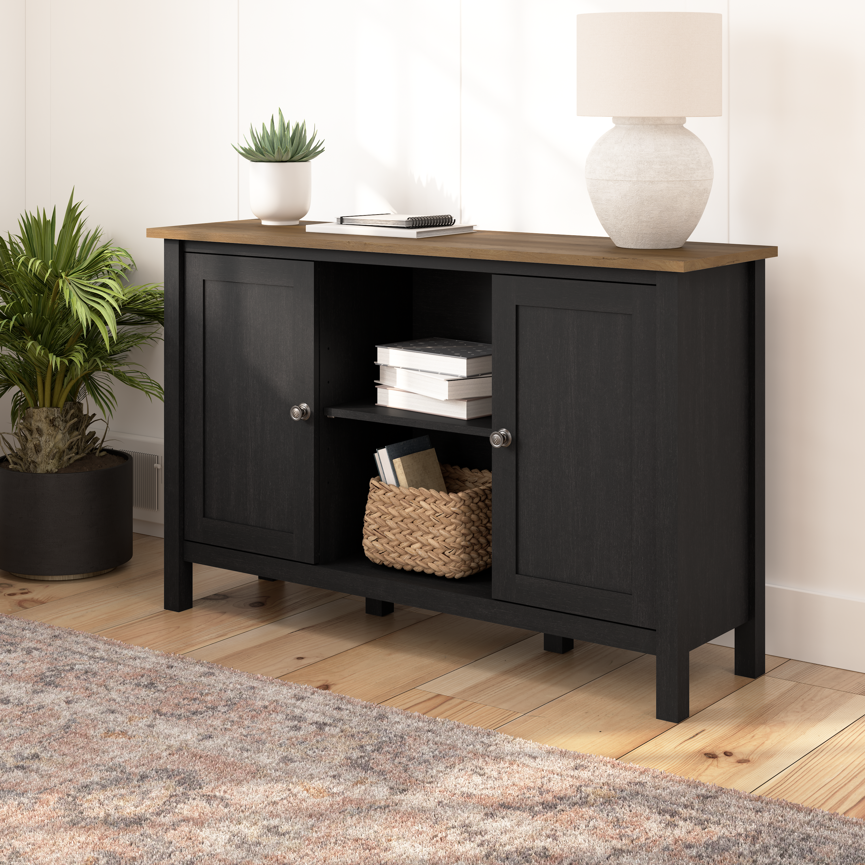 Shop Bush Furniture Mayfield Accent Cabinet with Doors 01 MAS148V2P-03 #color_vintage black/reclaimed pine