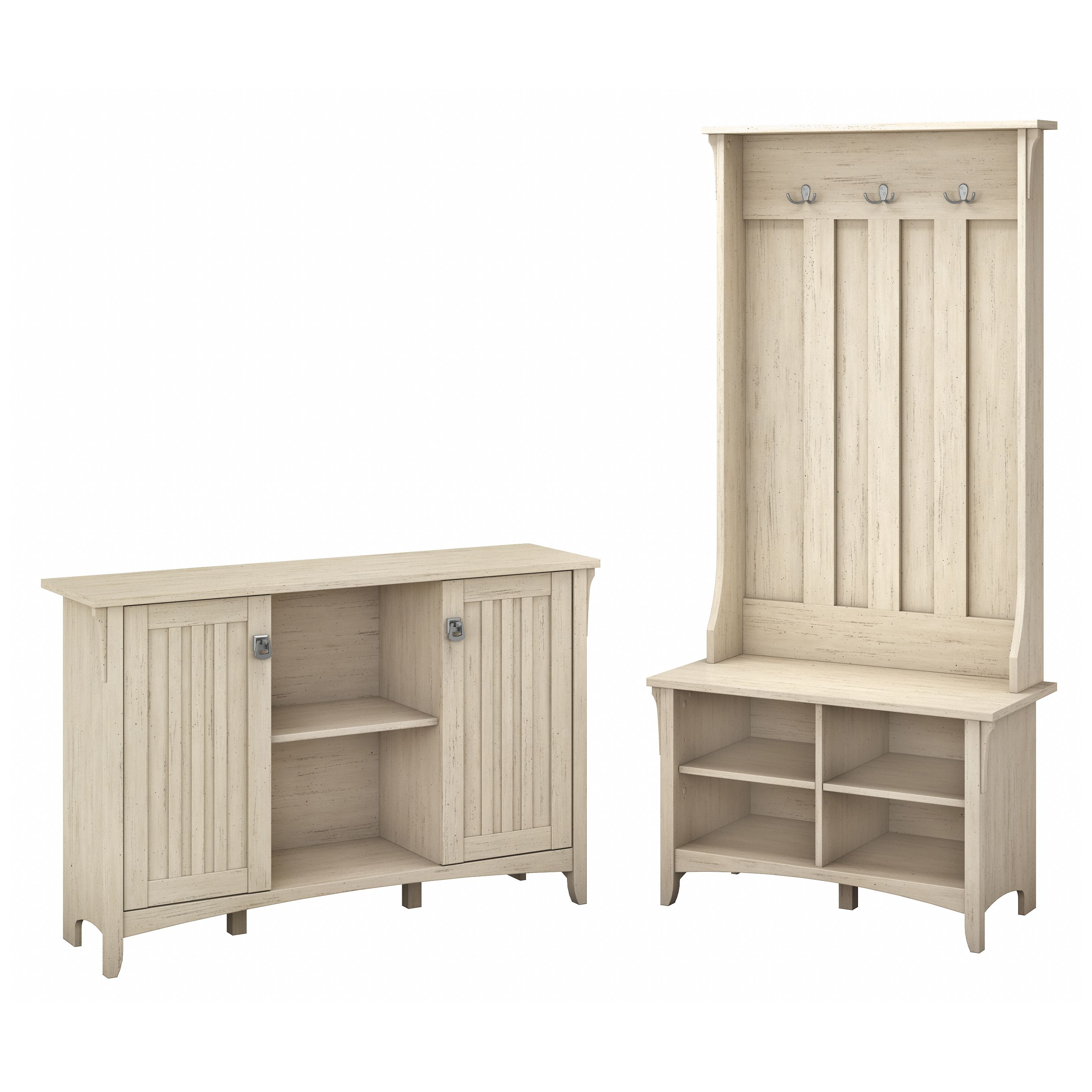 Shop Bush Furniture Salinas Entryway Storage Set with Hall Tree, Shoe Bench and Accent Cabinet 02 SAL008AW #color_antique white