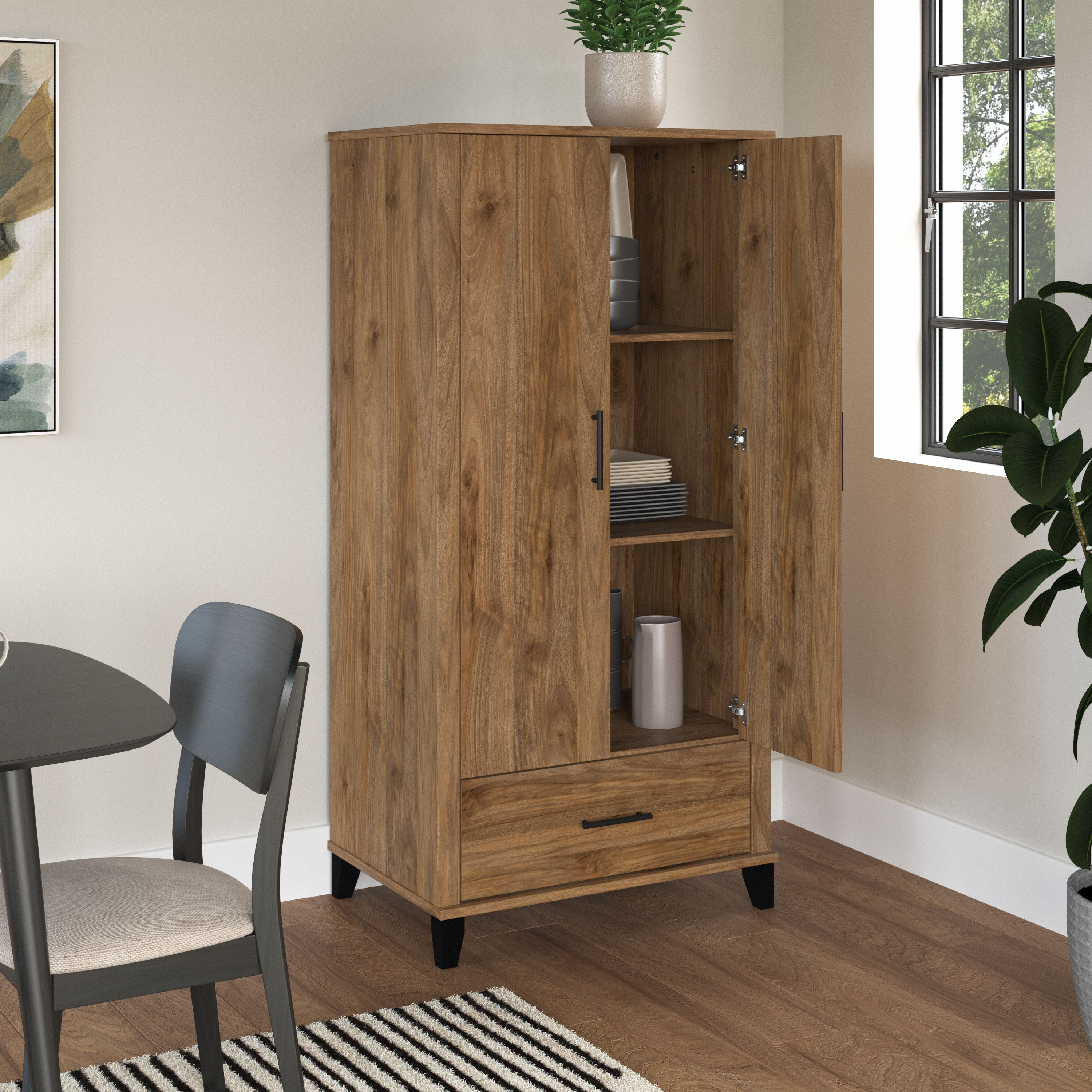 Shop Bush Furniture Somerset Tall Kitchen Pantry Cabinet with Doors and Drawer 03 STS166FWK-Z #color_fresh walnut