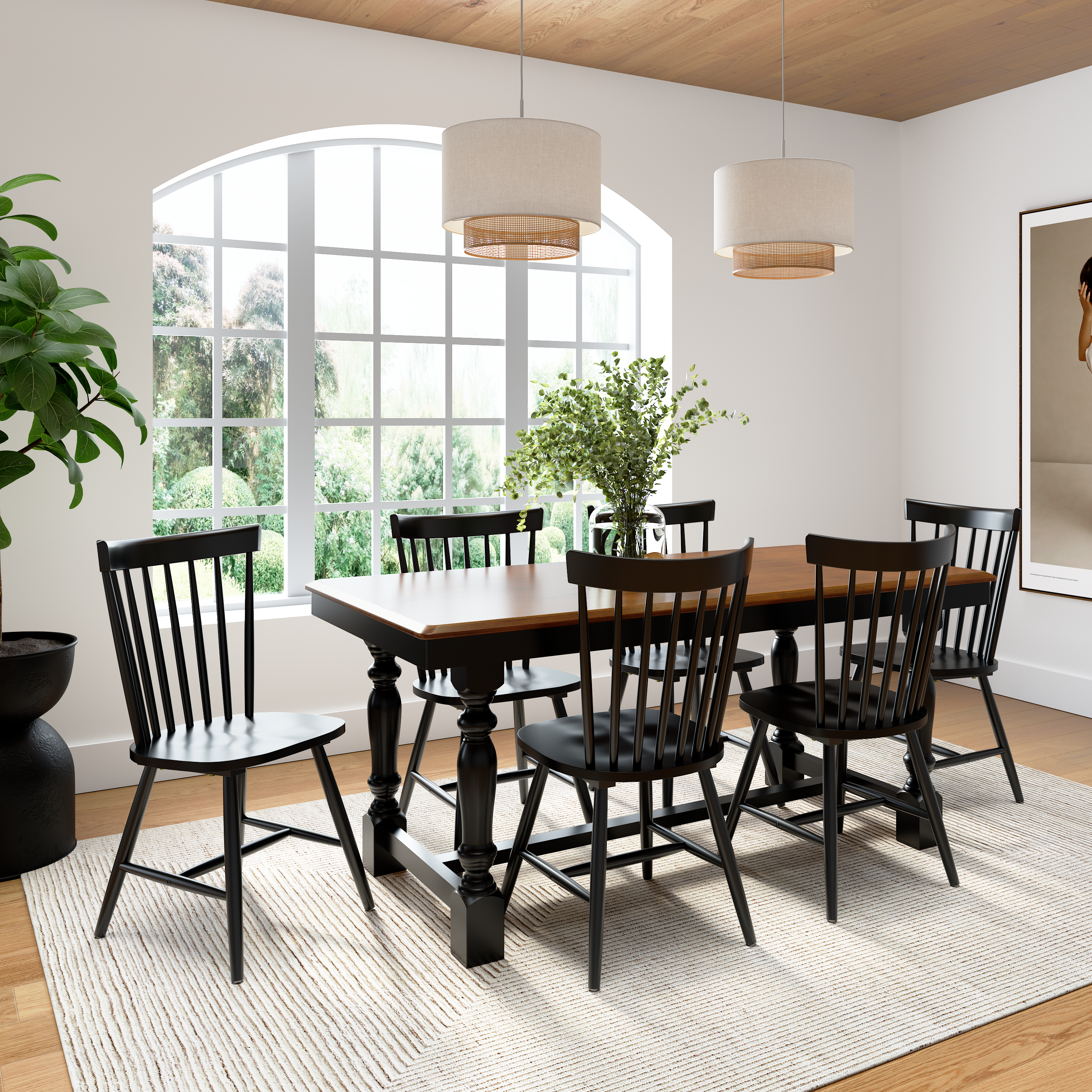 Shop Bush Furniture Sterling 67W Squire Trestle Dining Table with 6 High Back Spindle Dining Chairs 01 STL002BMB #color_burnished medium brown/black paint