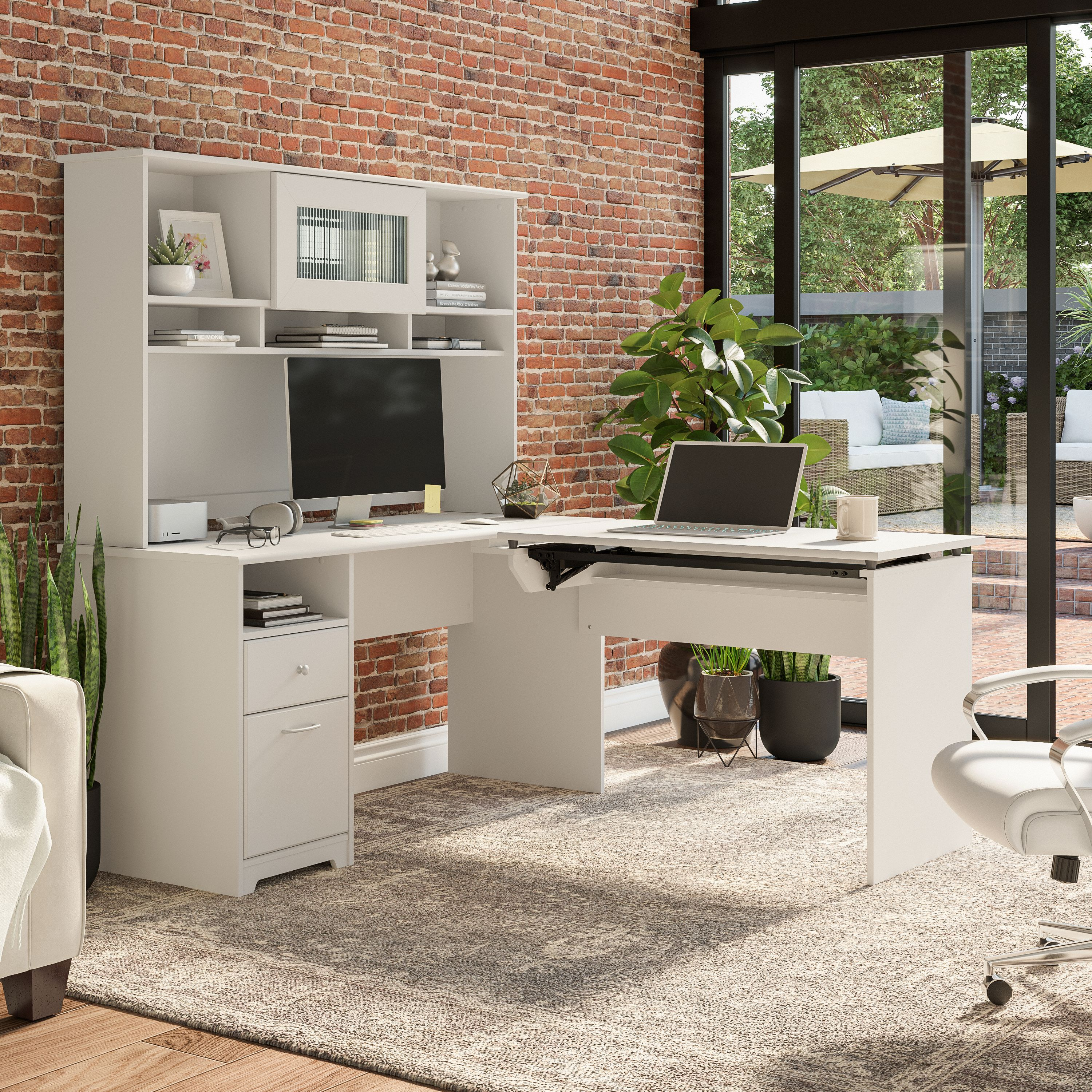 Shop Bush Furniture Cabot 60W 3 Position Sit to Stand L Shaped Desk with Hutch 03 CAB045WHN #color_white