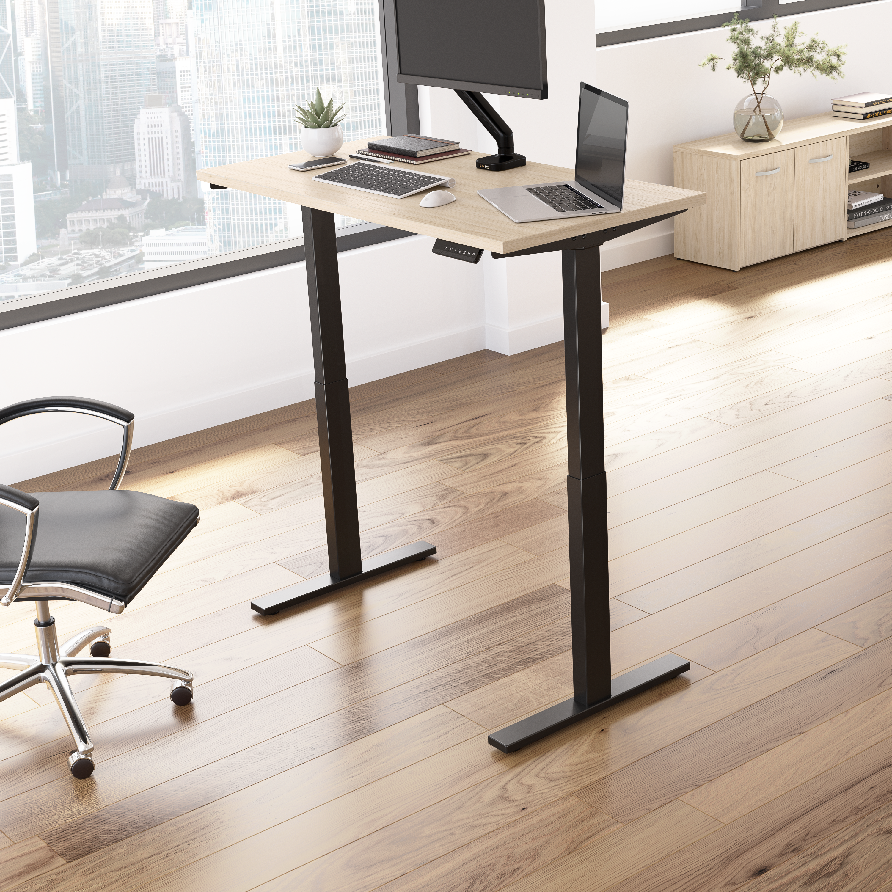 Shop Move 60 Series by Bush Business Furniture 48W x 24D Electric Height Adjustable Standing Desk 01 M6S4824NEBK #color_natural elm/black powder coat